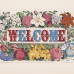 Neaville Family Dentistry, Blue and red WELCOME text surrounded by flowers on a beige background